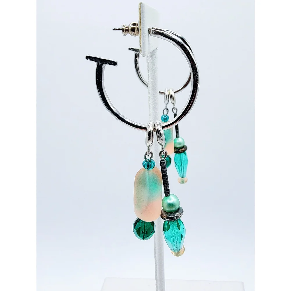 HMS Designs Czech Glass Beaded Hoop Dangle Earrings Vintage